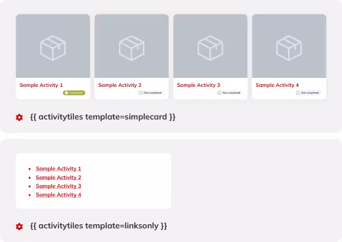 Beispielansicht der Activity Tiles mit vier Musteraktivit&auml;ten sowie den Template-Varianten &bdquo;simplecard&ldquo; und &bdquo;linksonly&ldquo;.