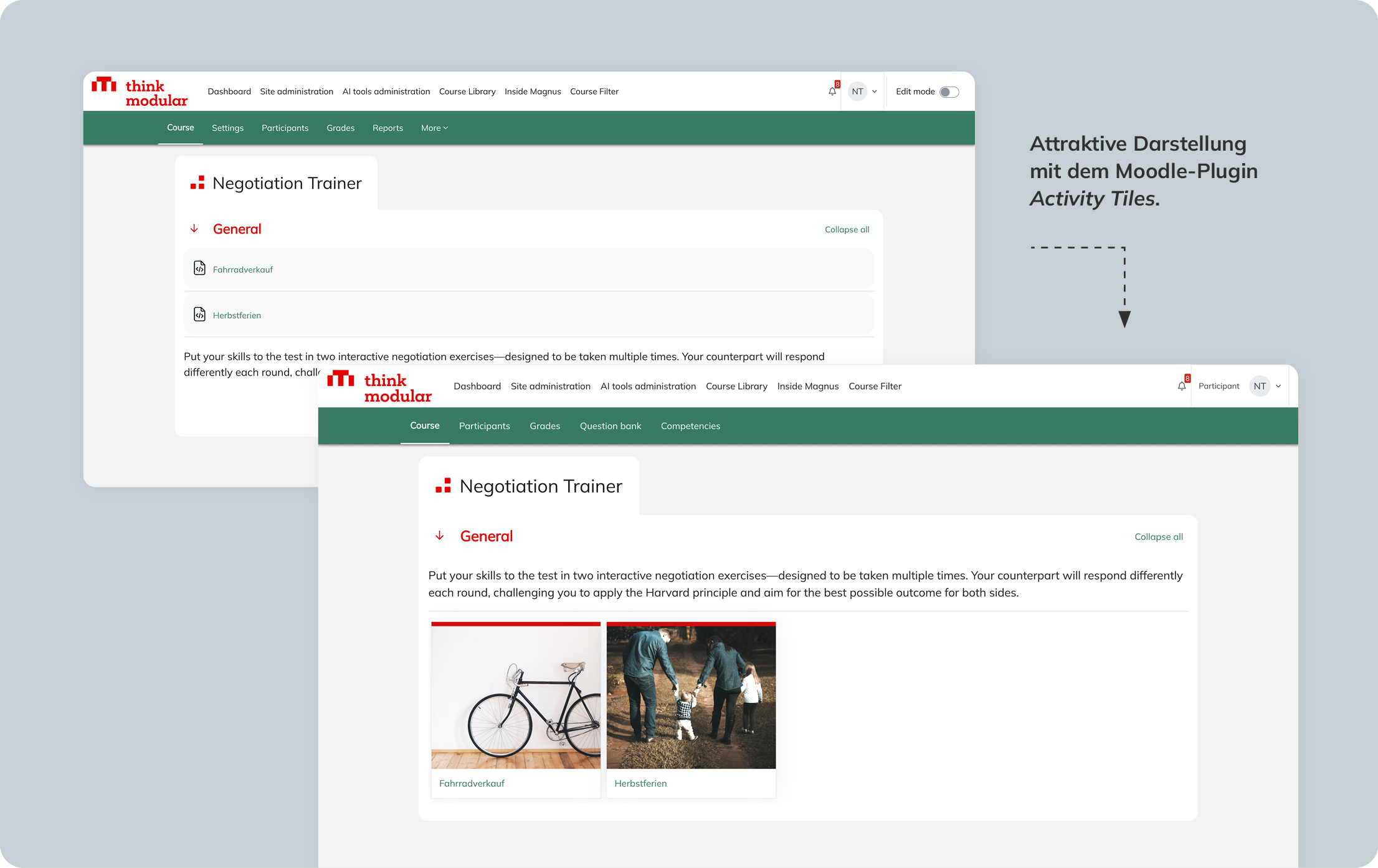 Vergleich zweier Moodle-Kursansichten – Standardansicht versus Activity Tiles