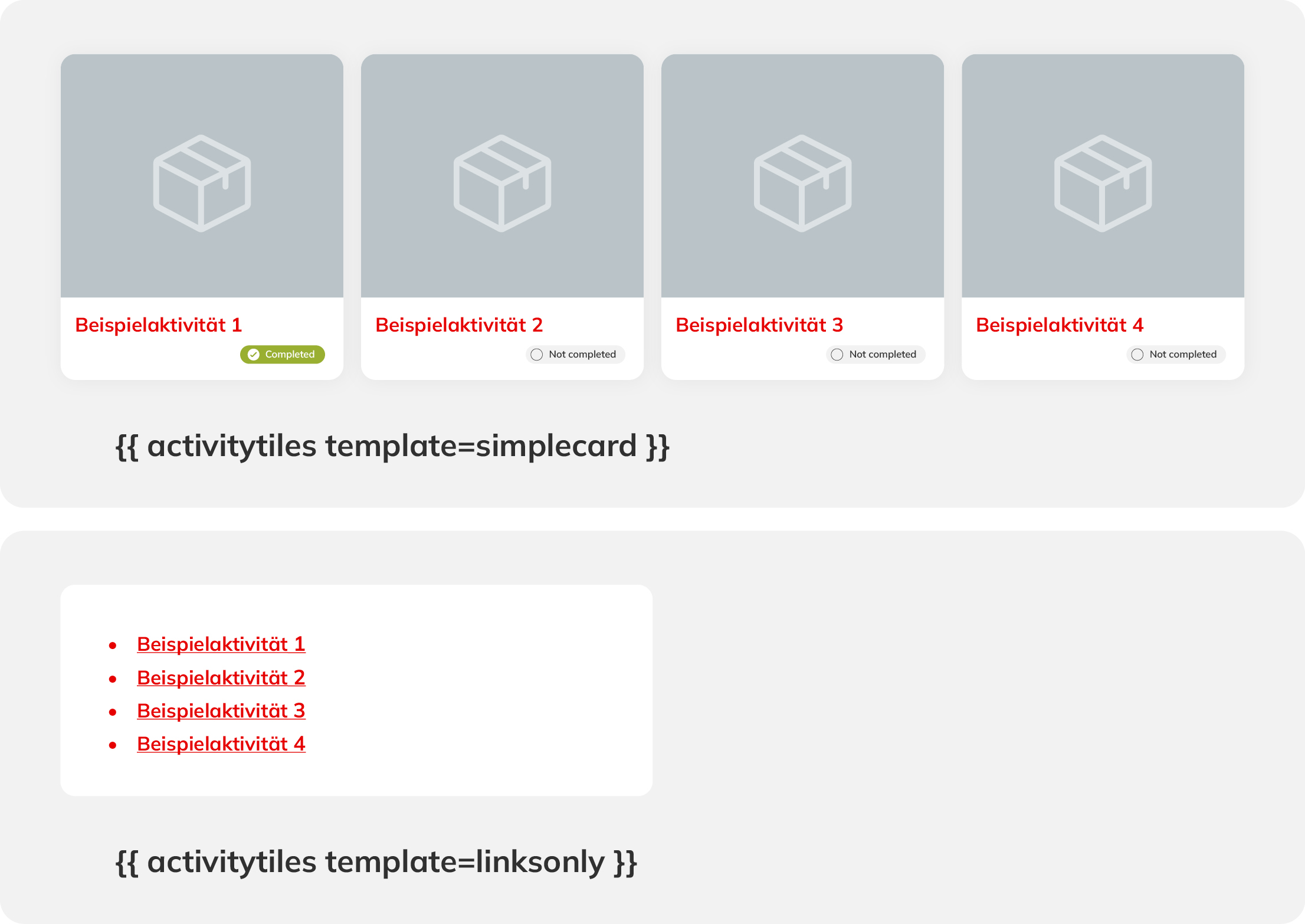 Oben werden vier Aktivitäten als Karten mit Bearbeitungsstatus angezeigt (Vorlage: simplecard); unten erscheinen dieselben Aktivitäten als einfache Linkliste mit roten Aufzählungspunkten (Vorlage: linksonly).