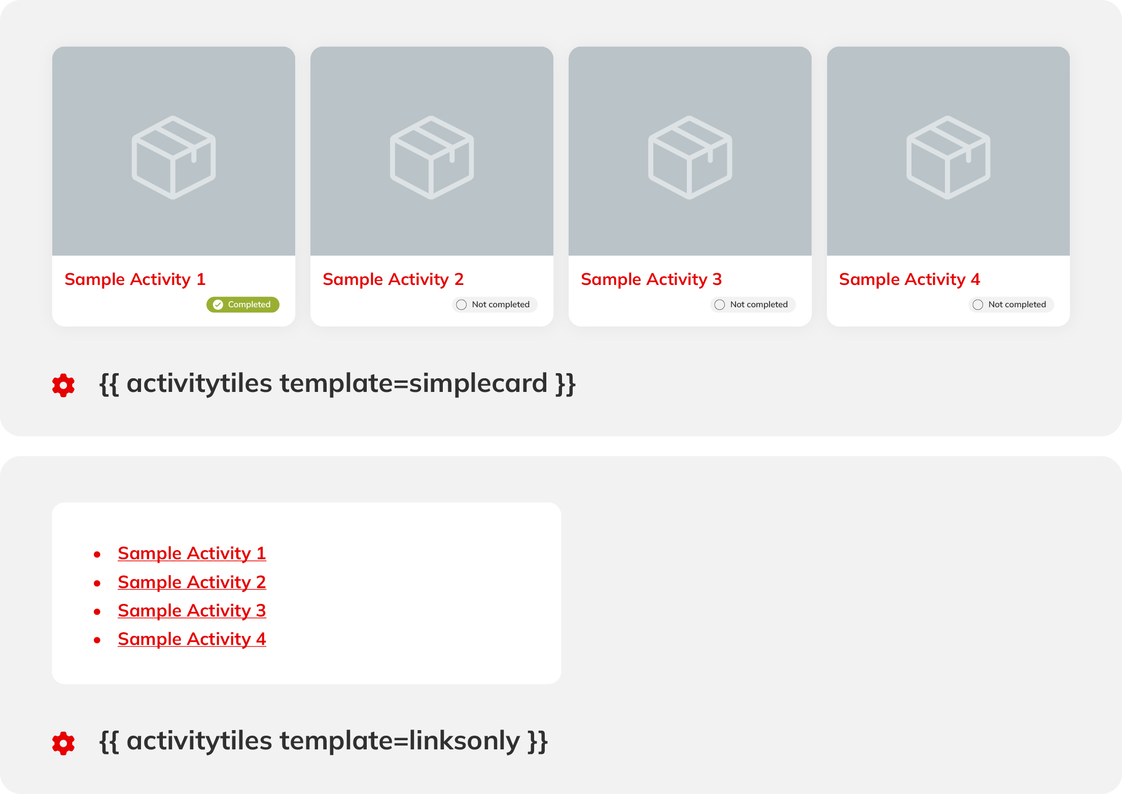 At the top, four activities are shown as cards with completion status (template: simplecard); at the bottom, the same activities appear as a simple list of links with red bullet points (template: linksonly).
