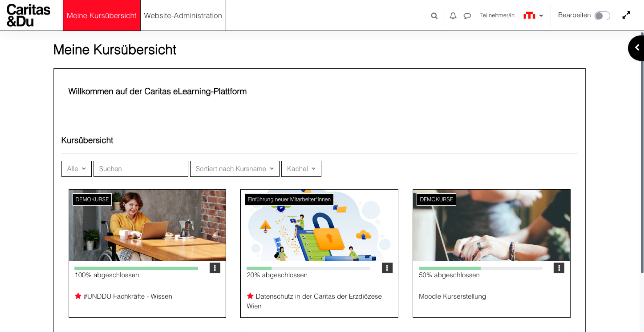 Startseite der Caritas eLearning-Plattform mit Kursübersicht und Fortschrittsbalken