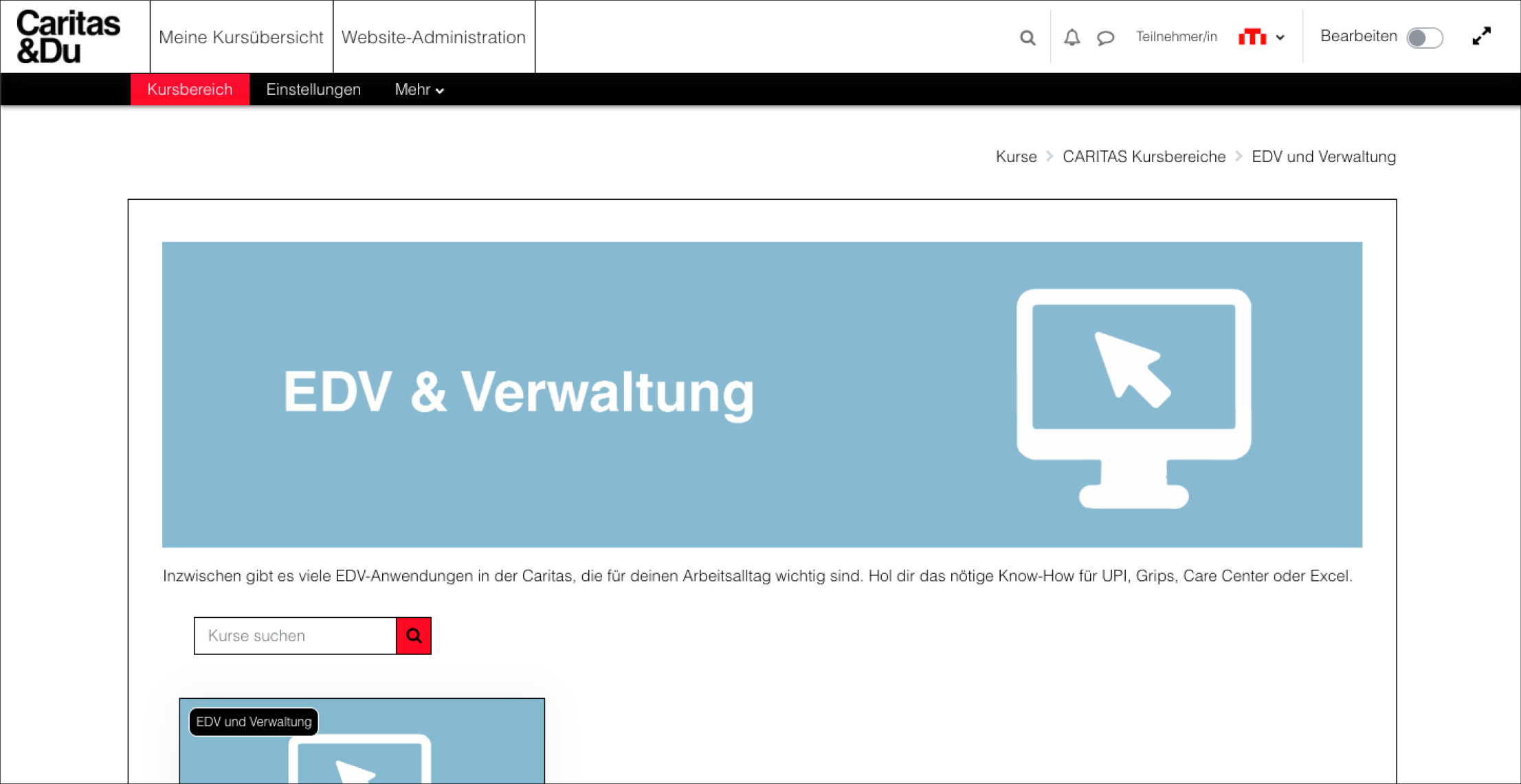 Kursbereich „EDV & Verwaltung“ auf der Caritas eLearning-Plattform mit Suchfunktion für EDV-Kurse