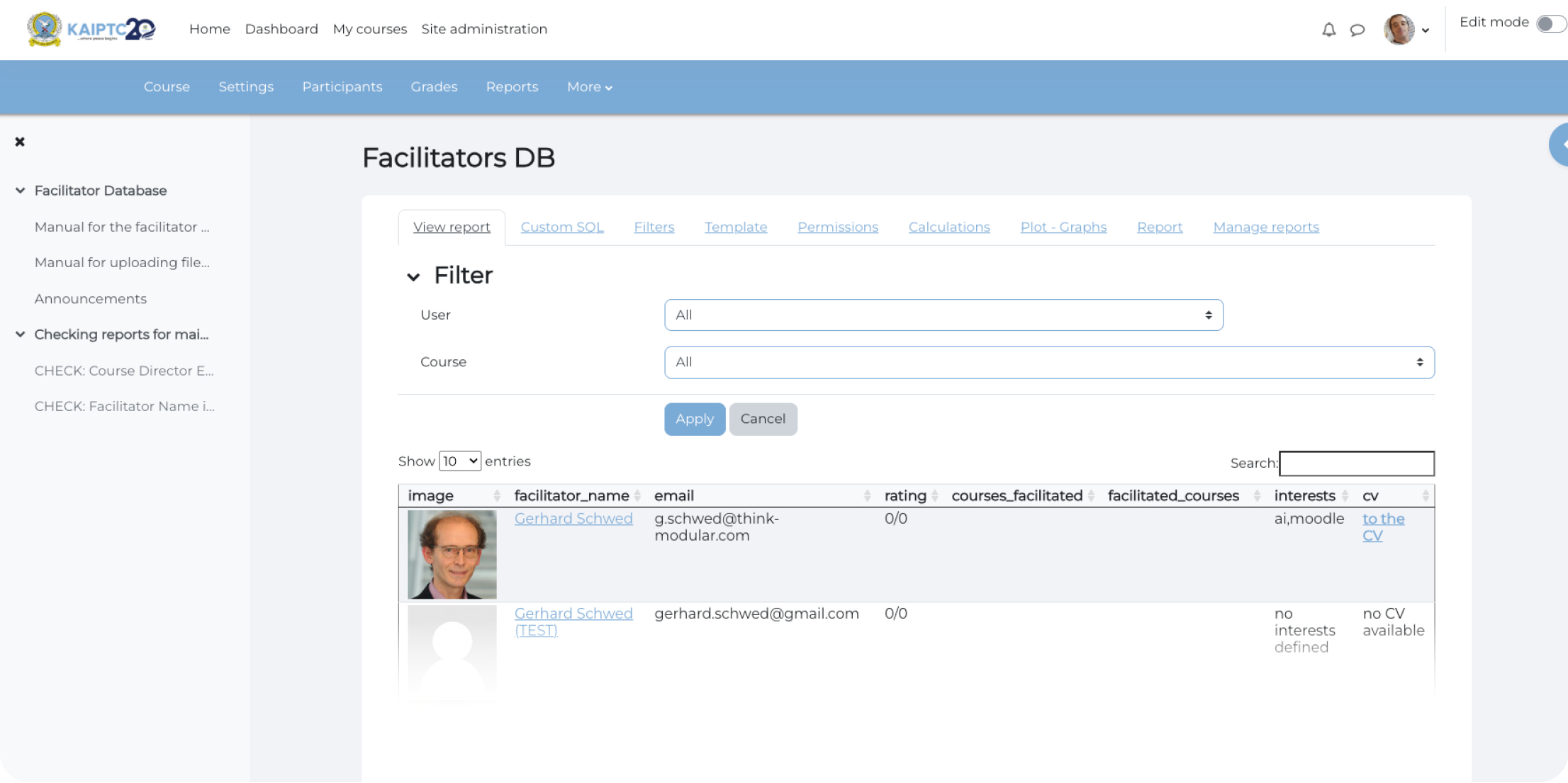 Screenshot der KAIPTC-Dozentendatenbank mit Filterfunktion und Nutzerliste