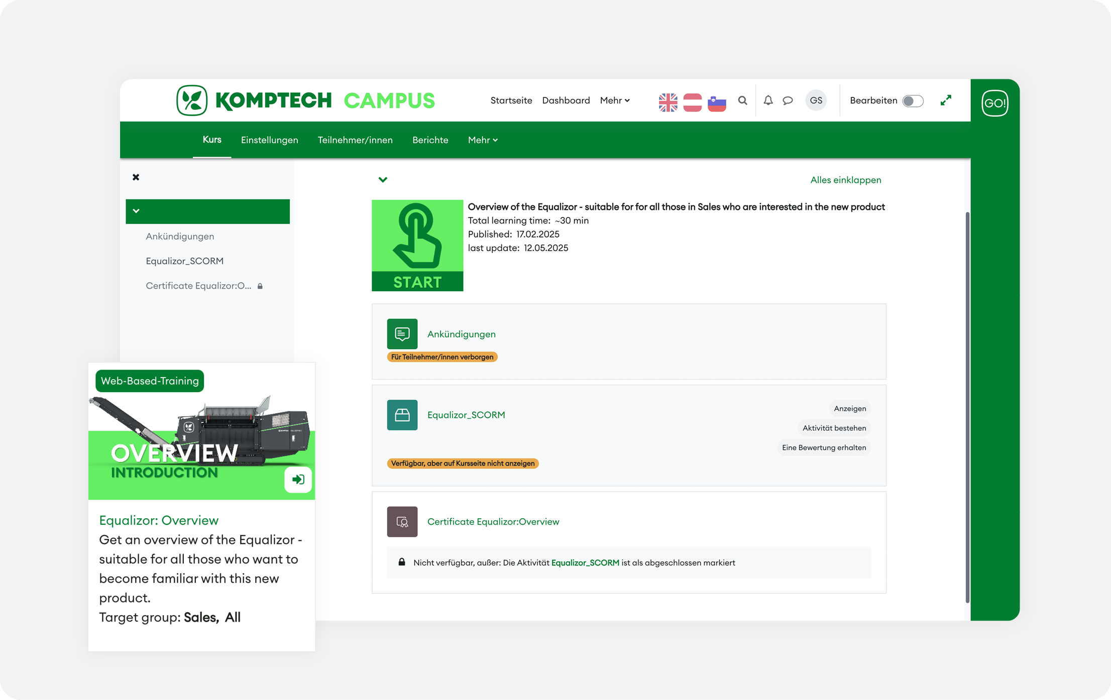 Laptopbildschirm mit geöffneter Equalizor-Schulung auf der Komptech Campus-Plattform