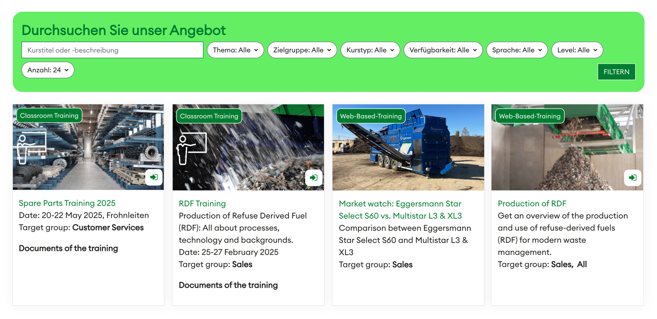 Übersicht der Schulungen auf der Komptech Campus-Website mit Filterleiste