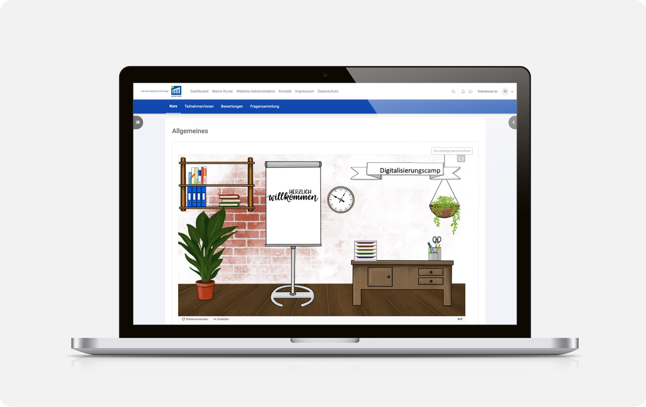 Laptopansicht eines Moodle-Kurses der Mentor GmbH mit Willkommensgrafik zum Thema Digitalisierungscamp