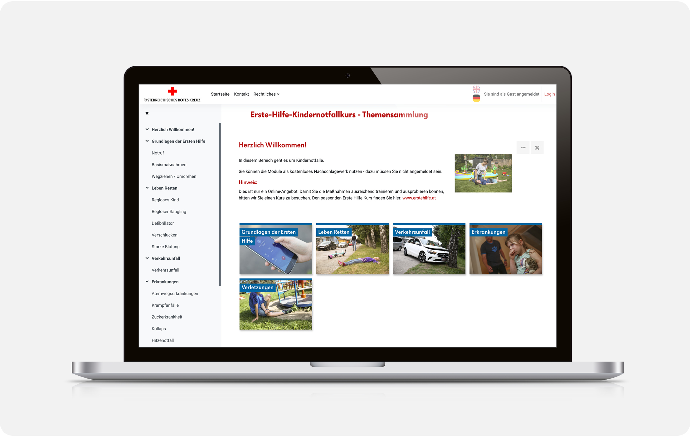 Online-Themensammlung zu Kindernotfällen des Roten Kreuzes mit Modulen zur Ersten Hilfe