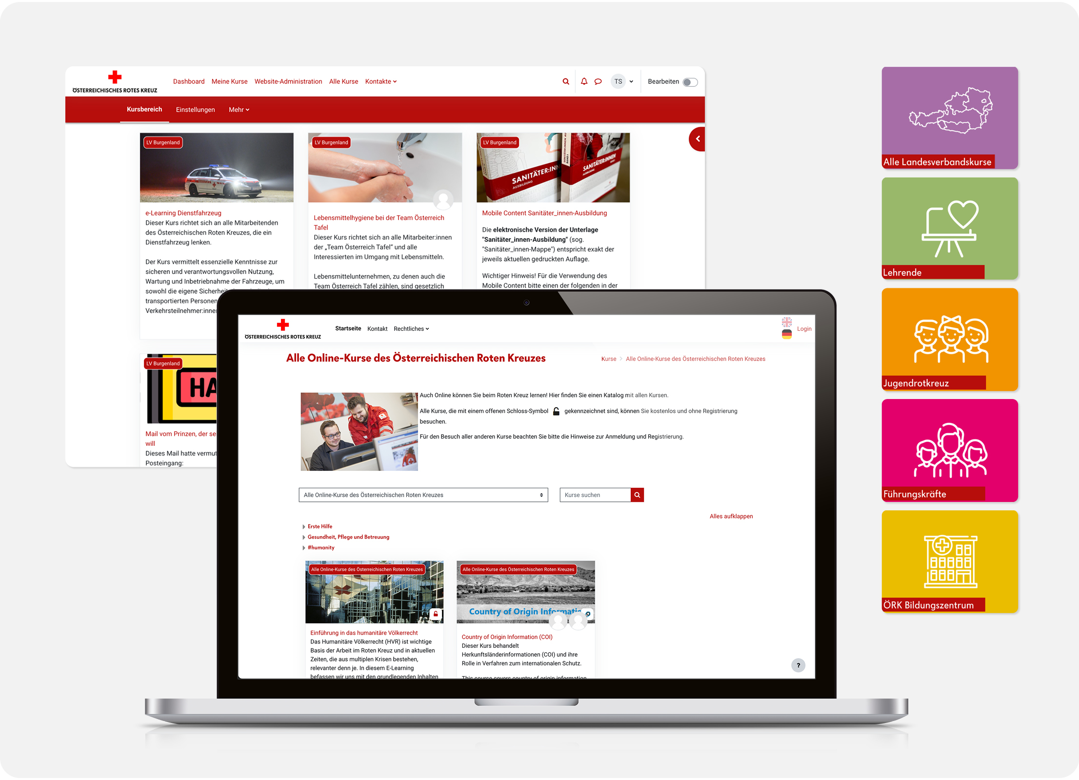 Online-Kursplattform des Österreichischen Roten Kreuzes mit Kursübersicht und Kategorien